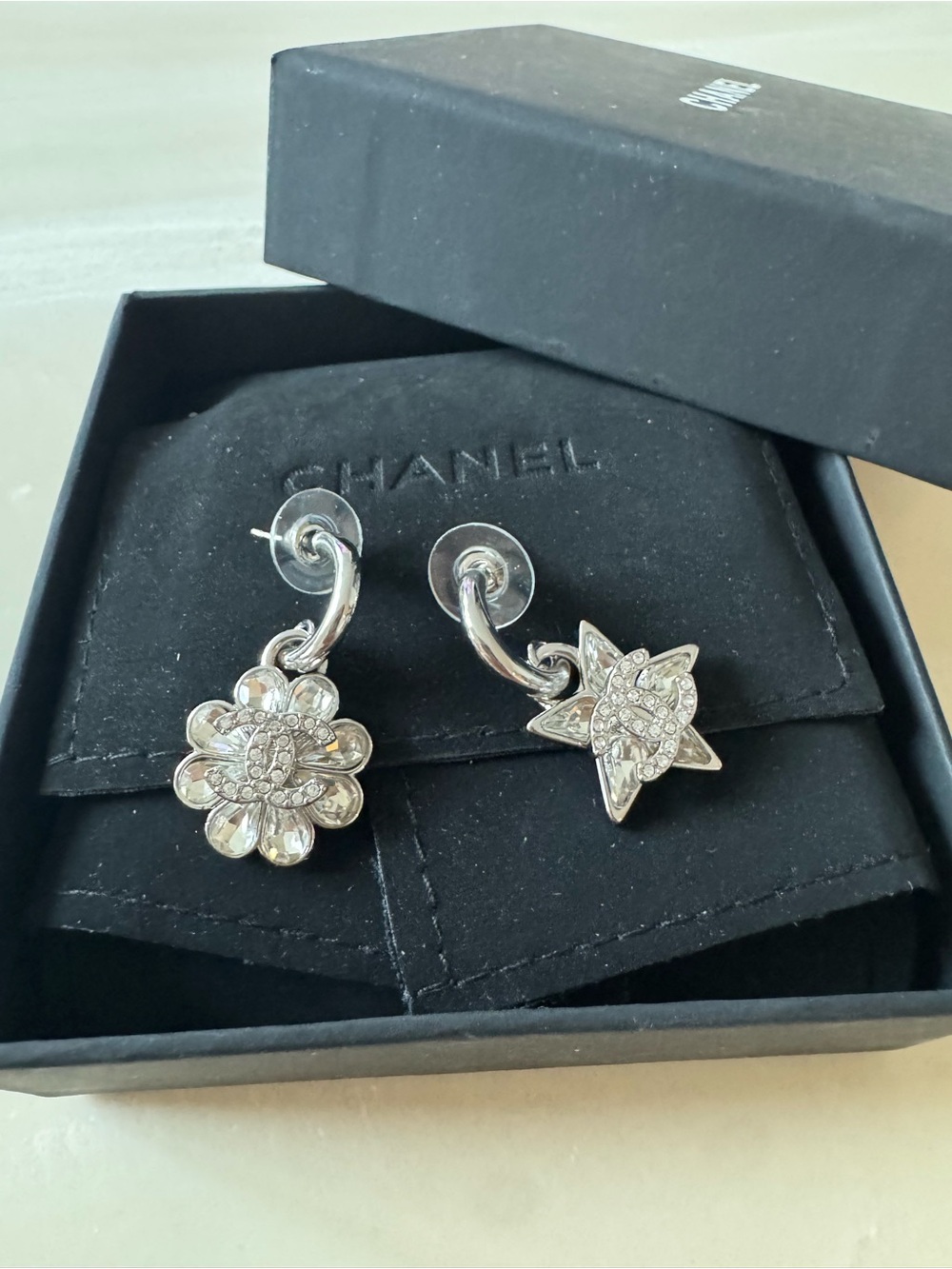 CHANEL Silver Crystal Flower and Star Mismatch Drop Earrings